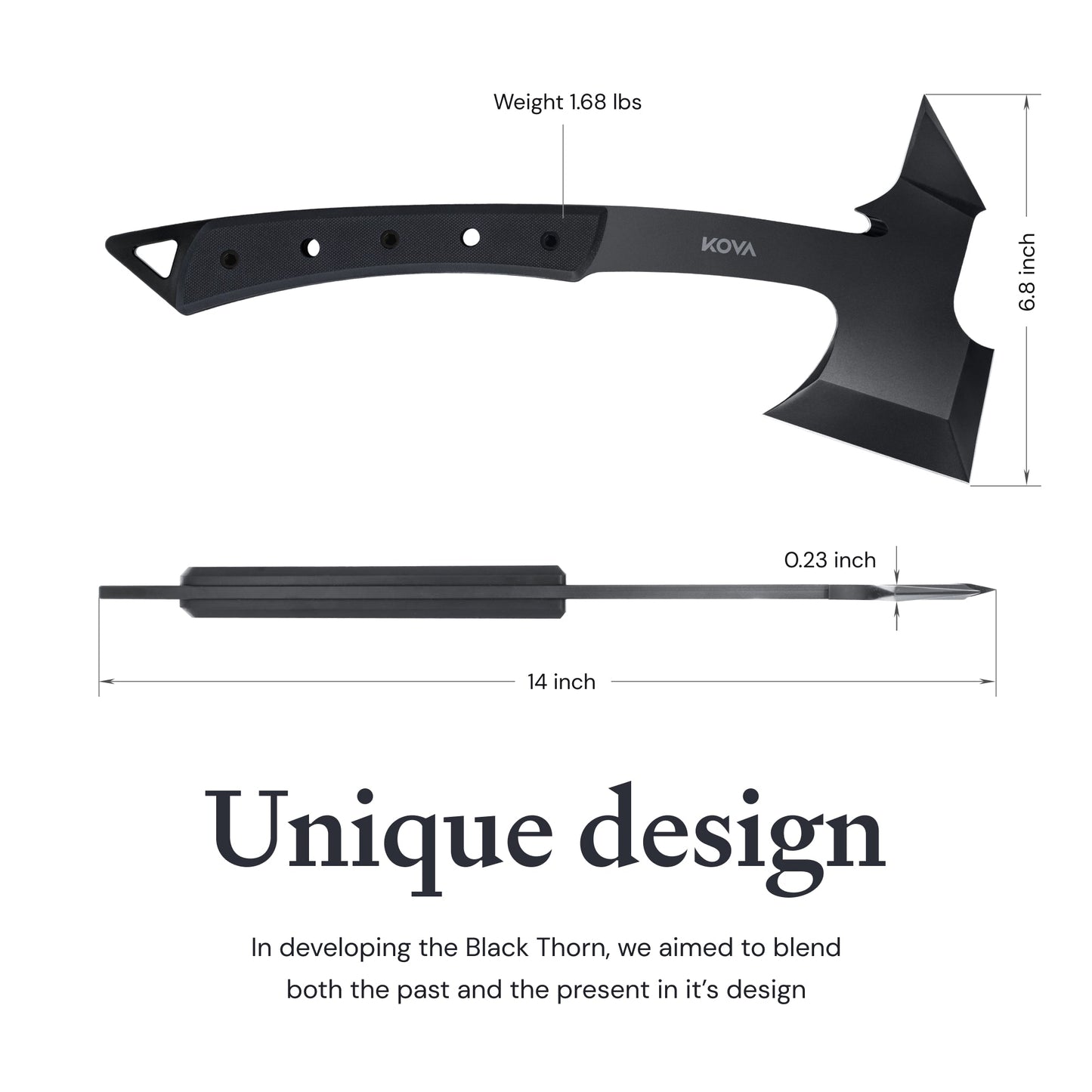 Black Thorn Hatchet - Stainless Steel, 14" Overall Length, 6.8" Blade, G10 Handle