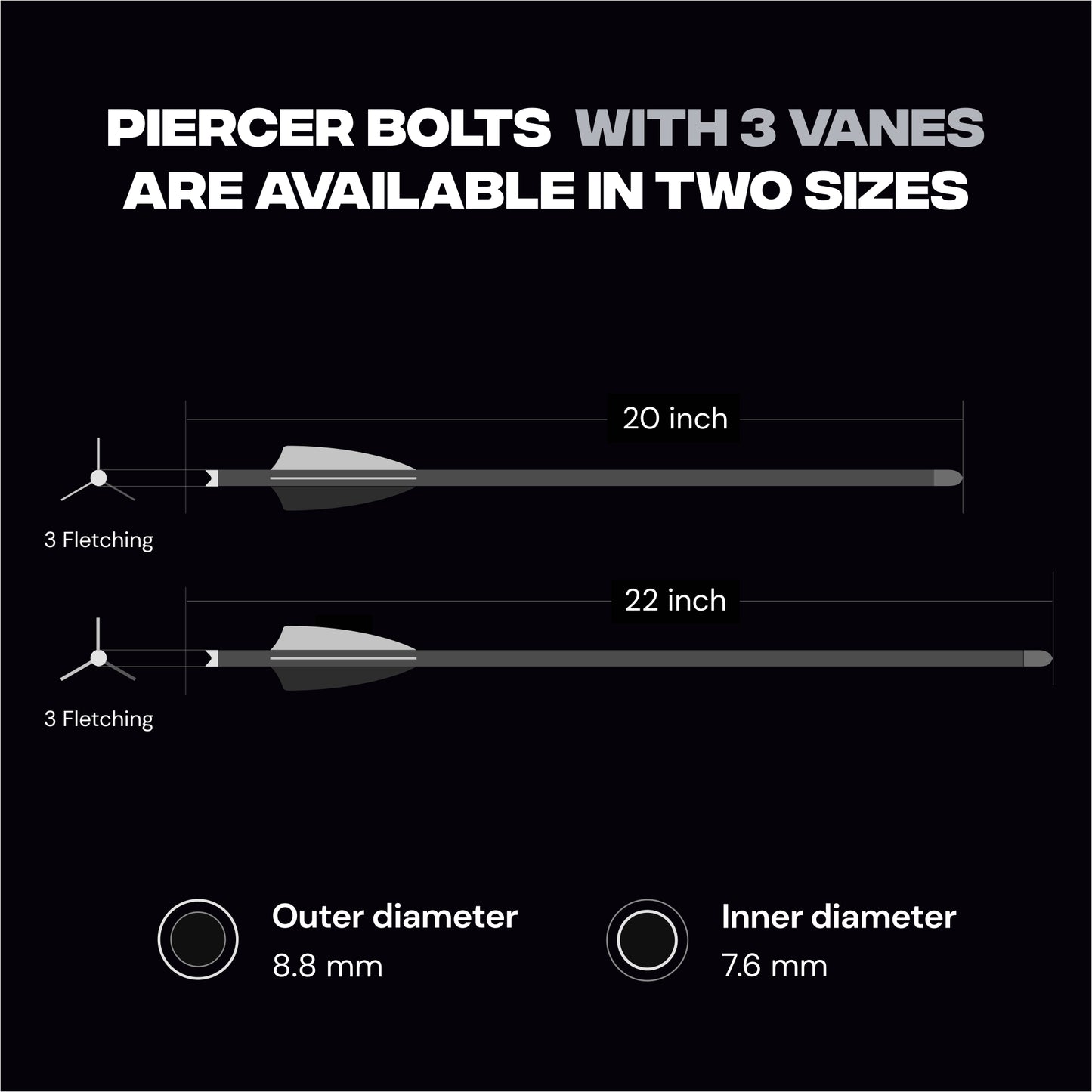 PIERCER 3-Vanes Carbon Crossbow Bolts - Ideal for MEGABAT Reverse - Pack of 6