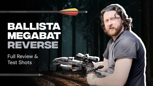 MegaBat Reverse review: presenter holding the full-size BALLISTA crossbow