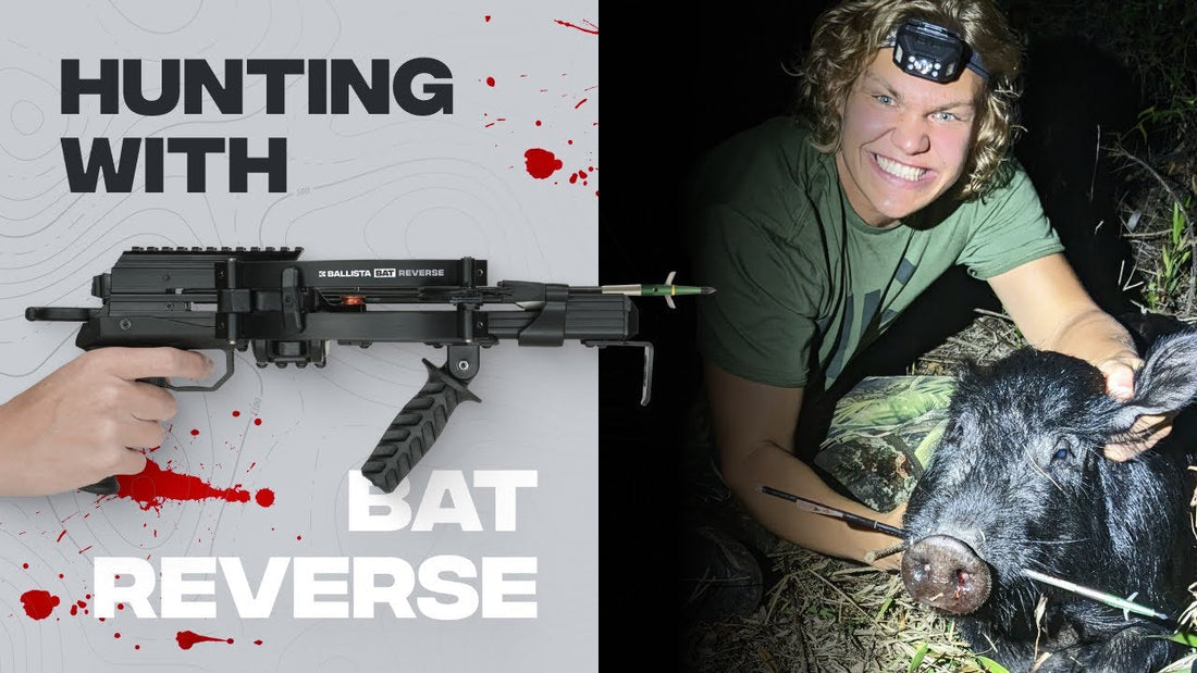Hunter shouldering a compact Ballista BAT Reverse crossbow in the field