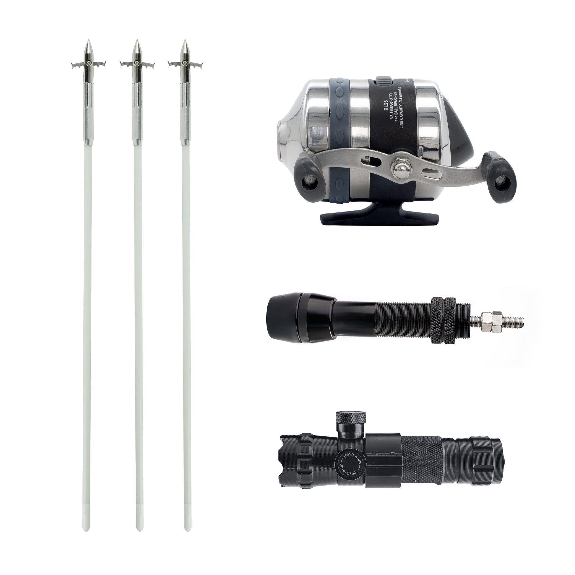 bow fishing reel and arrow Basic Bowfishing Kit: BL25 Spincast Reel, Bowfishing Arrows, Green Laser Sight, Reel Mount Seat
