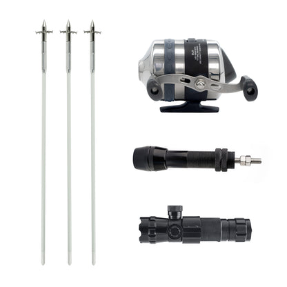 bow fishing reel seat Basic Bowfishing Kit: BL25 Spincast Reel, Bowfishing Arrows, Green Laser Sight, Reel Mount Seat