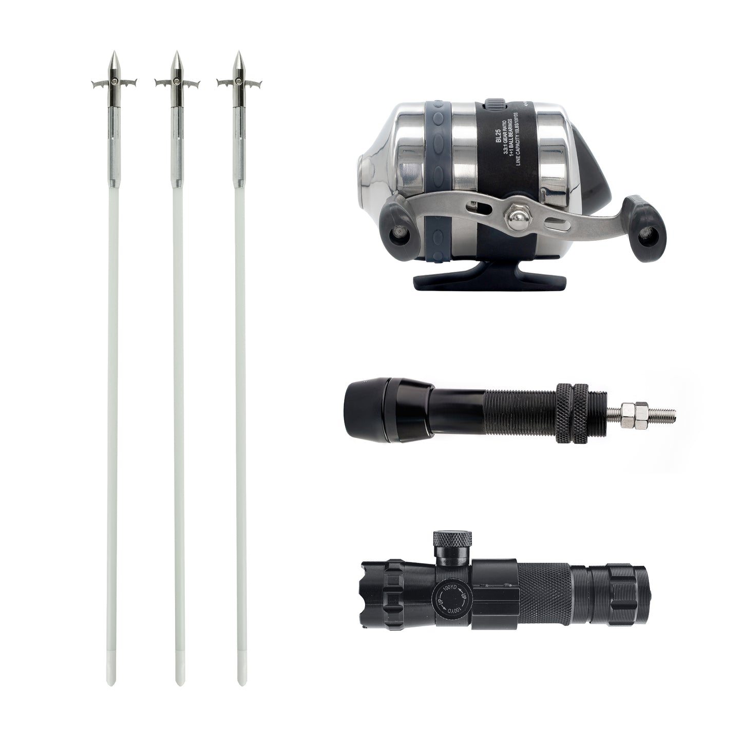Basic Bowfishing Kit: BL25 Spincast Reel, Bowfishing Arrows, Green Laser Sight, Reel Mount Seat