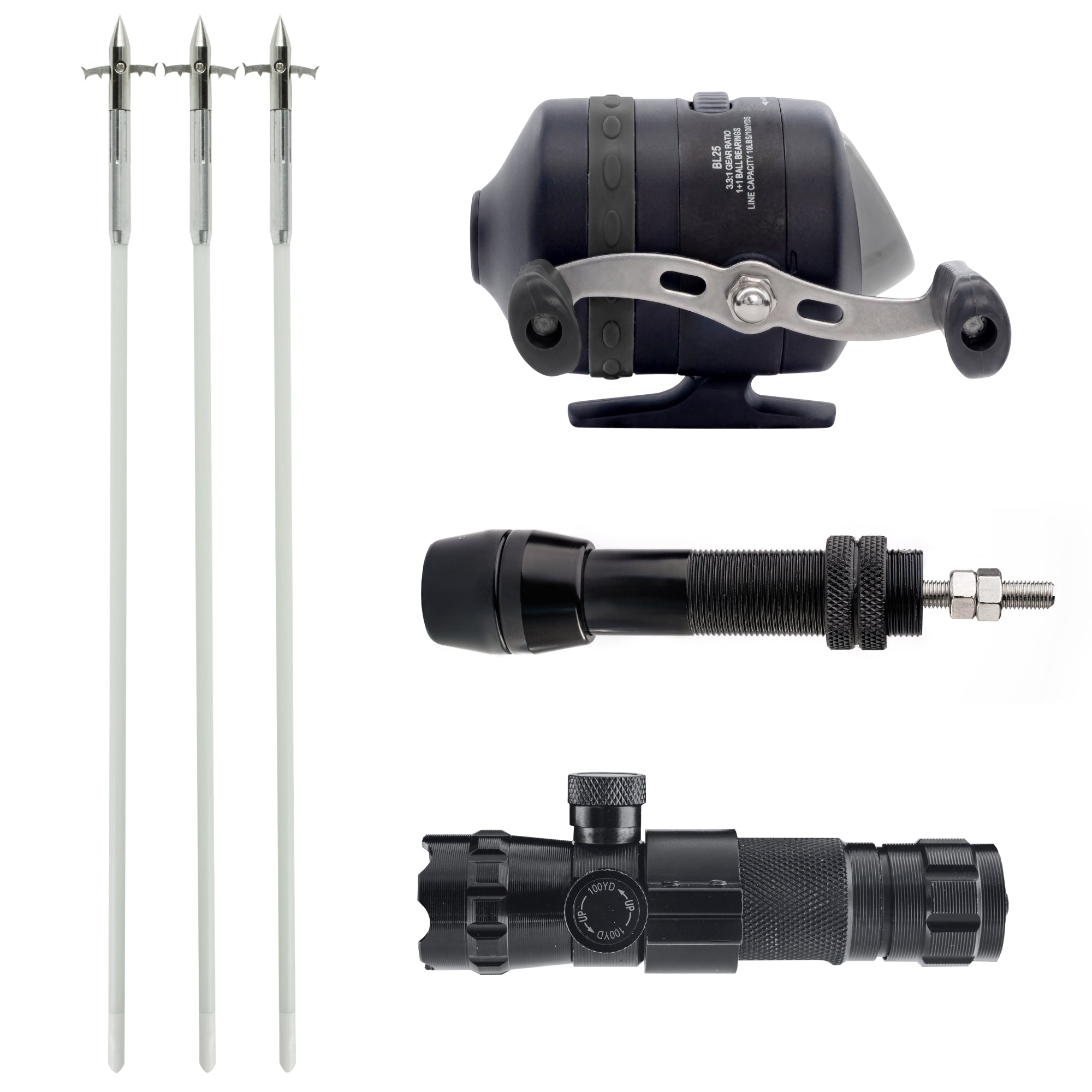 Basic Bowfishing Kit: BL25 Spincast Reel, Bowfishing Arrows, Green Laser Sight, Reel Mount Seat