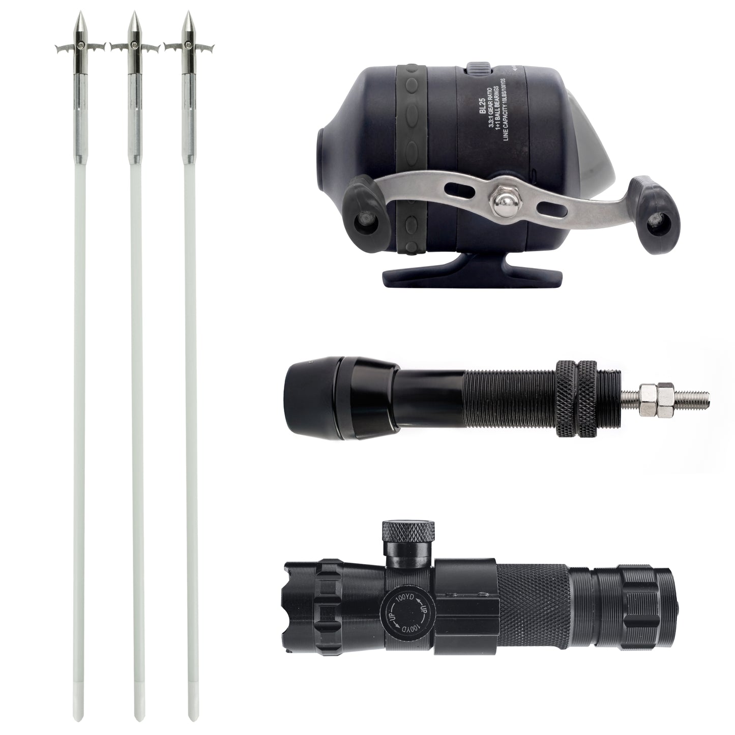 Basic Bowfishing Kit: BL25 Spincast Reel, Bowfishing Arrows, Green Laser Sight, Reel Mount Seat