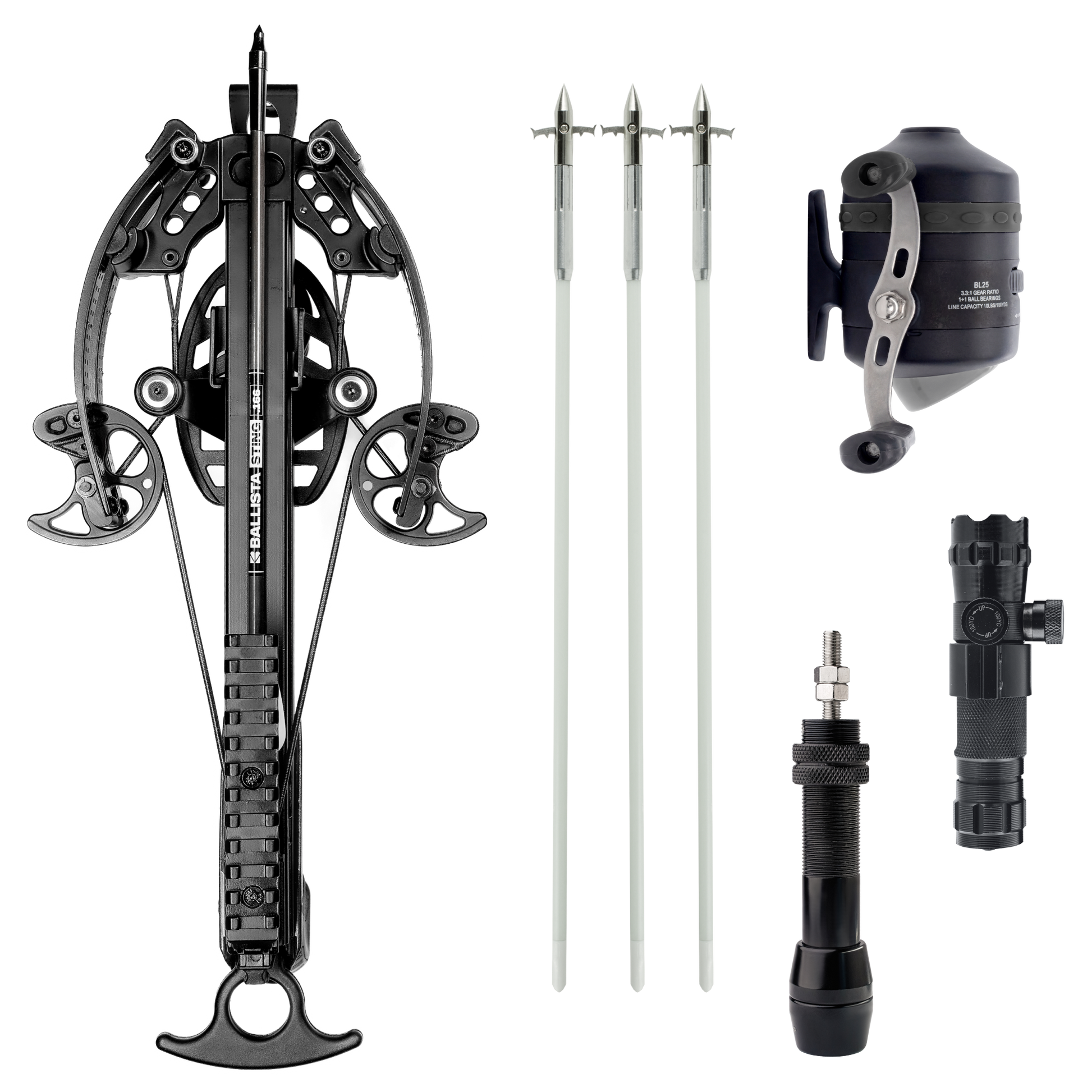 crossbow fishing pole BALLISTA BAT Bowfishing Bundle, 300 FPS Crossbow, BL25 Reel & Arrows Shark fishing bolt and 2 wing fishing bolts Electric Shock Fish Rod