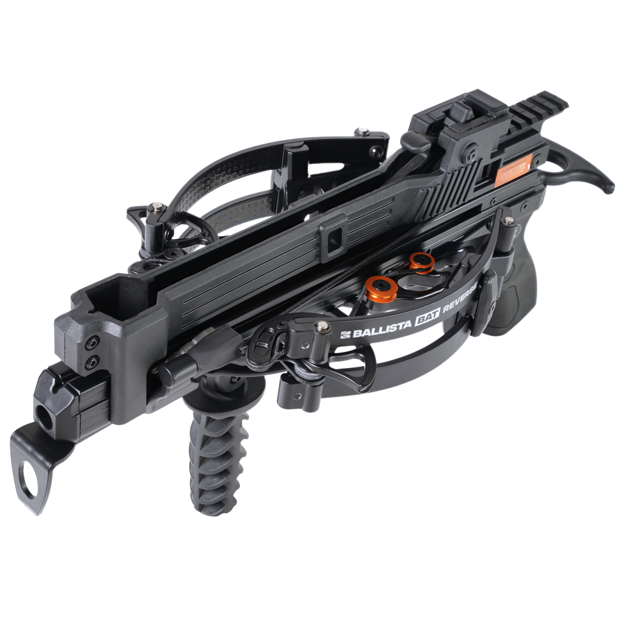 Repeating crossbow close-up: the magazine and compact optic rail on a BALLISTA BAT Reverse